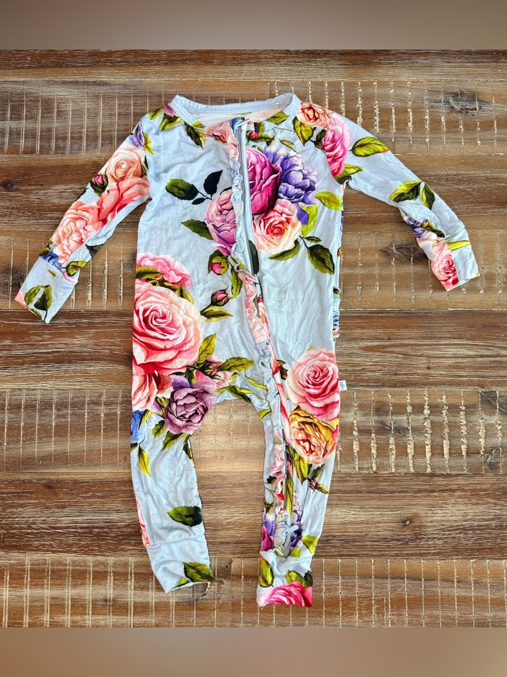 EUC Posh Peanut Baby Girl Ruffle Butt Bamboo Viscose Pajama, Blue Floral, 9-12Mo
